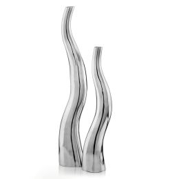 Set of 2 Modern Tall Silver Squiggly Floor Vases