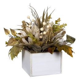 White Metal Planter with Floral Arrangement
