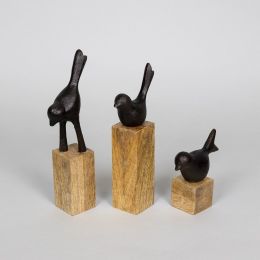 Modern Farmhouse Wood and Iron Bird Sculpture Trio