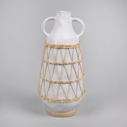 White Stone and Rattan Detail Long Vase