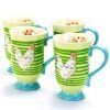 Urban Market Life on the Farm 4 Piece 14 Ounce Durastone Footed Rooster Tea Cup Set in Green Stripes